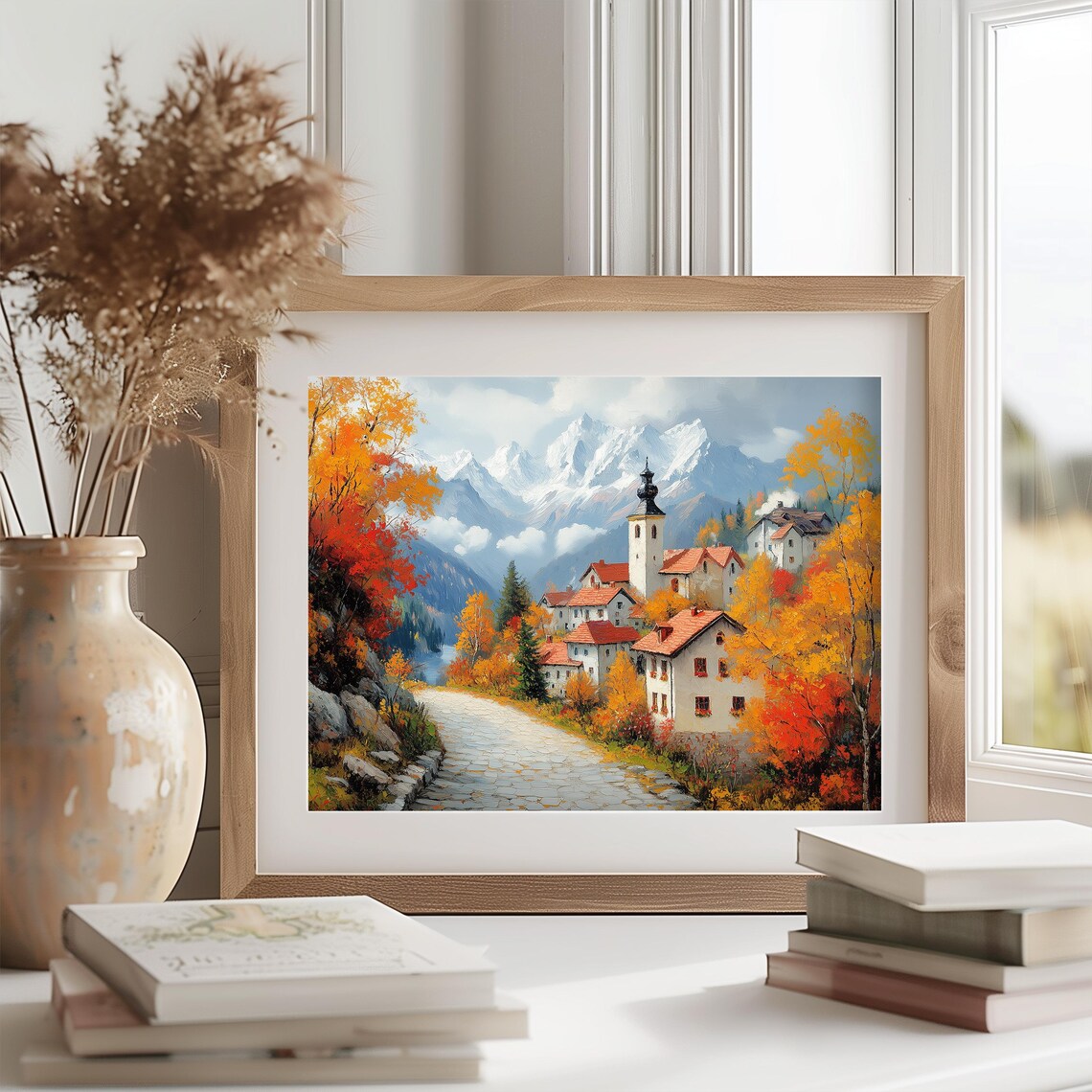 Alpine Village Church Snowy Peaks Autumn Oil Painting Travel Poster - Image 2