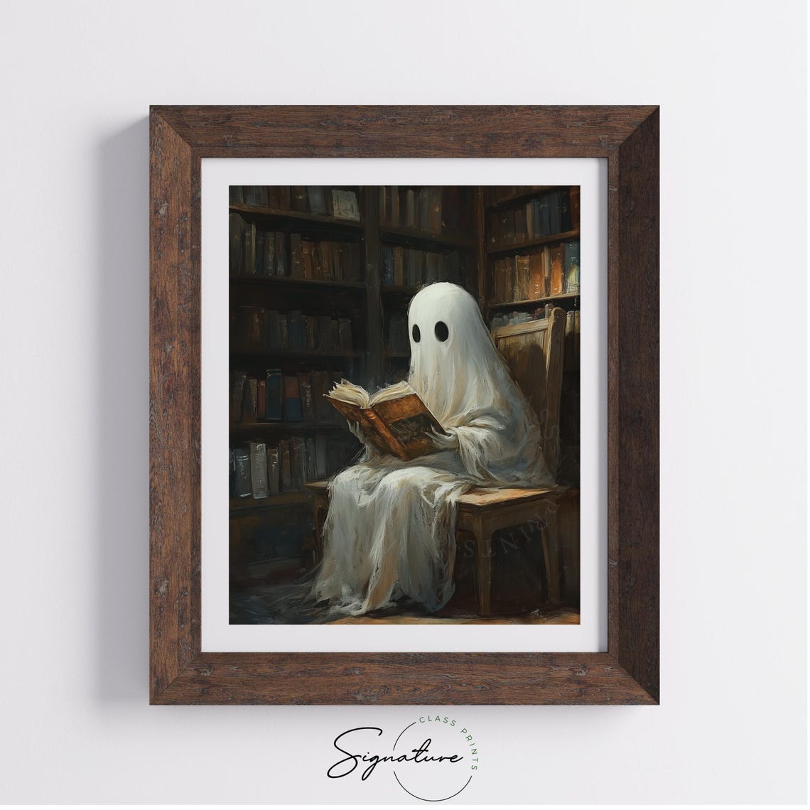 Cute Ghost Reading In Library Painting Whimsical Halloween Art Vintage Book Decor Cozy Haunted Library Wall Art 1174 - Image 4