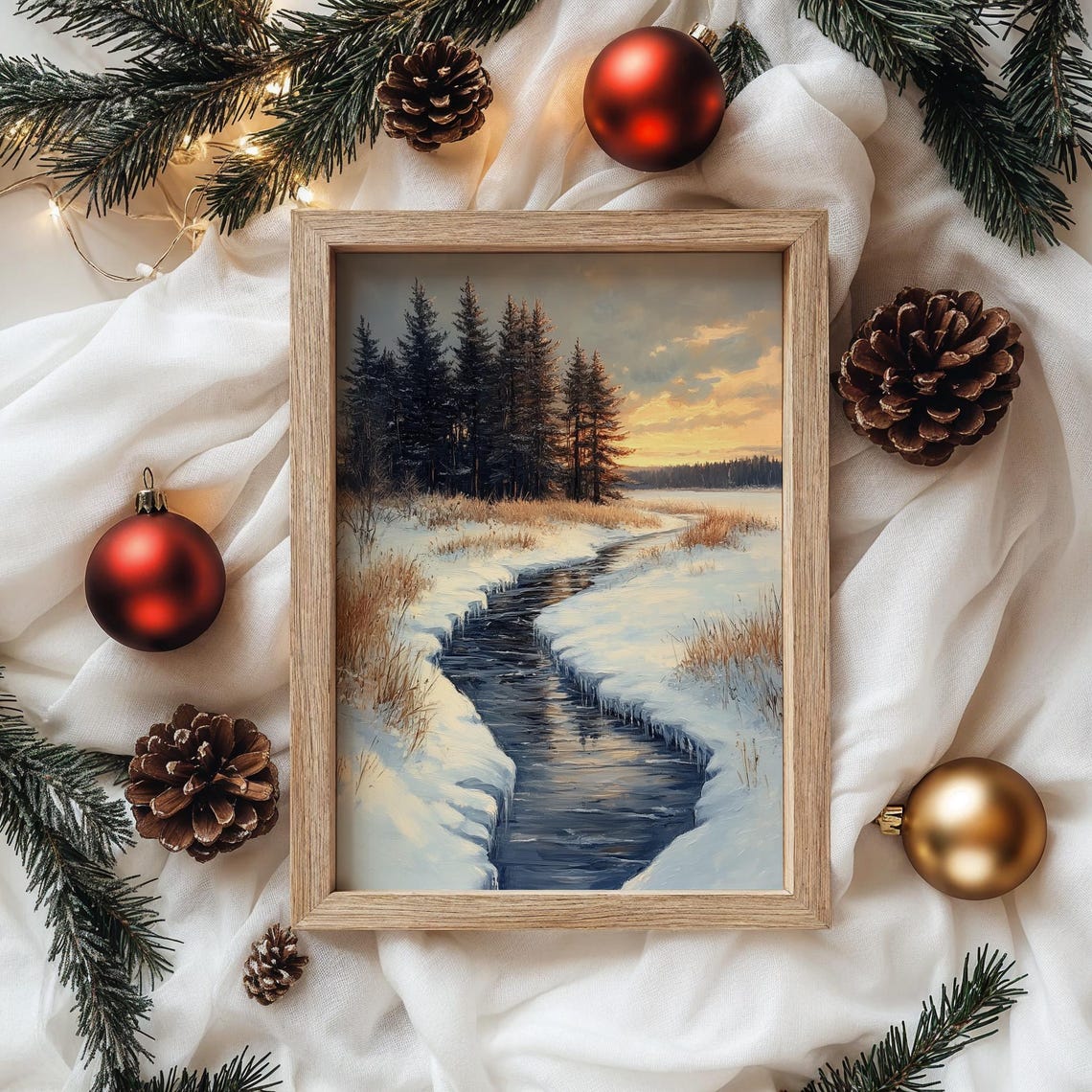 Frozen Stream Through a Snowy Meadow at Golden Sunset Poster - Image 4