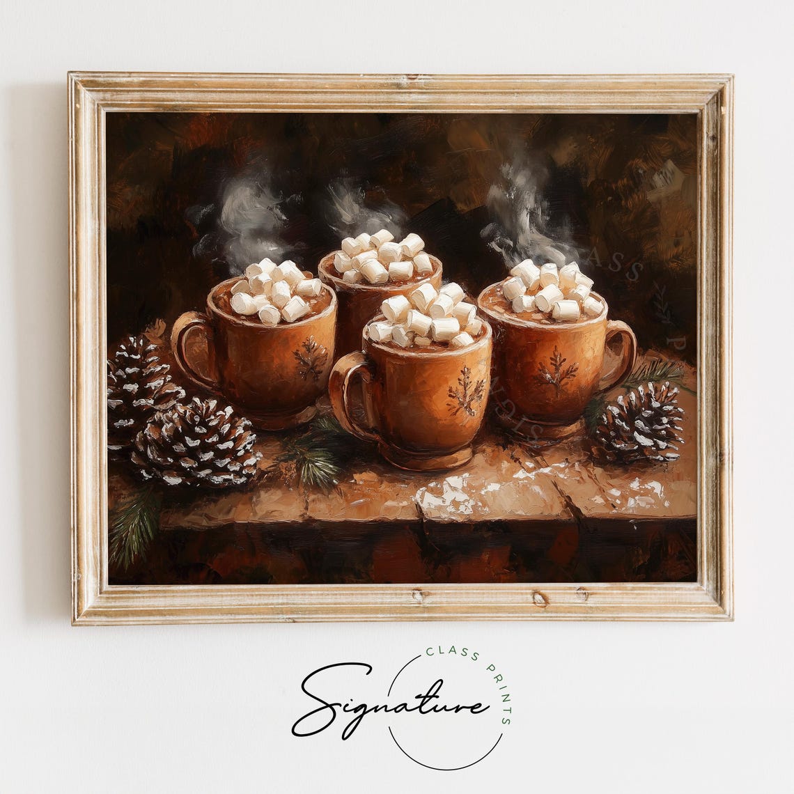 Four Steaming Cocoa Mugs With Marshmallows And Pinecones Poster