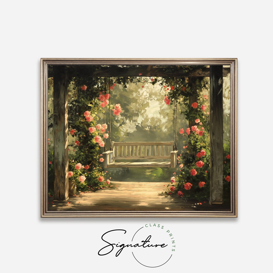 Porch Swing With Climbing Pink Roses Garden Pergola Painting Poster - Image 4