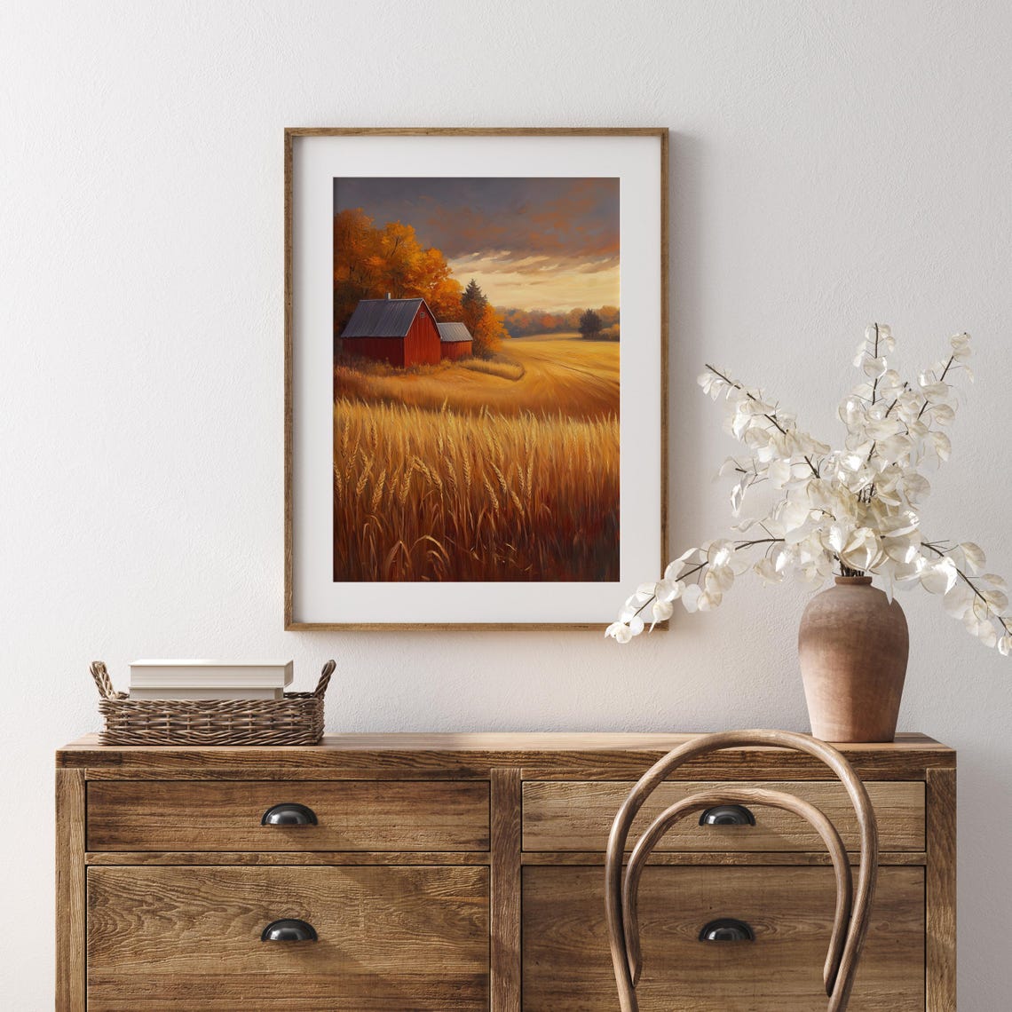 Red Barn at Sunset Over Golden Wheat Field Autumn Landscape Poster - Image 5