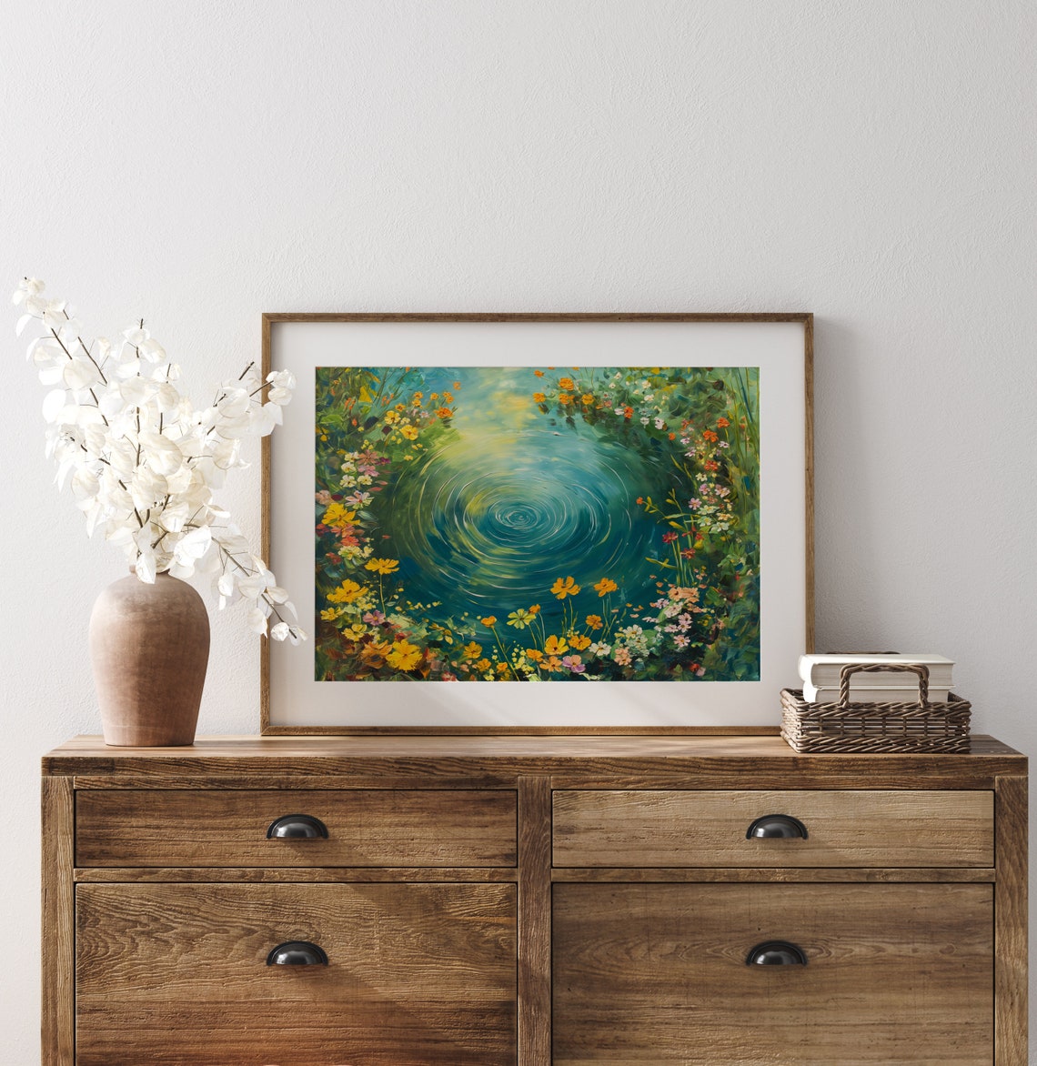 Emerald Swirl Pond With Golden Wildflowers Overhead View Poster - Image 3