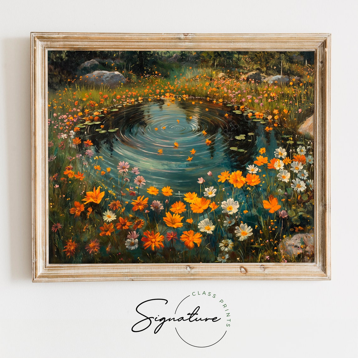 Swirling Pond Ringed By Wildflowers Impressionist Floral Poster