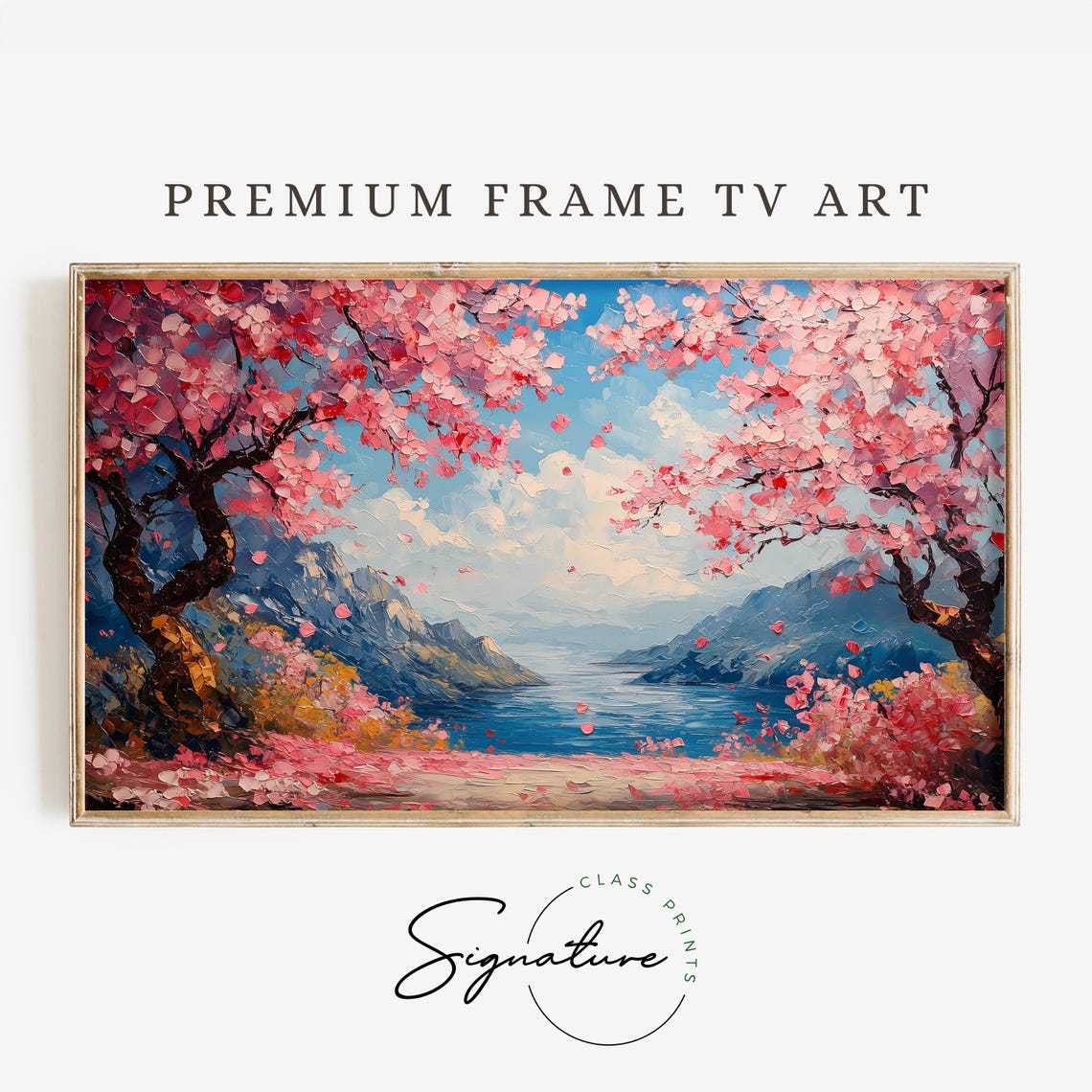 Cherry Blossom Trees Framing River Valley With Mountains Poster