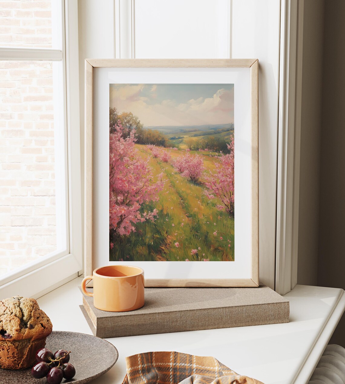 Pink Blossoms On Lush Hillside Romantic Spring Meadow Landscape Poster - Image 6