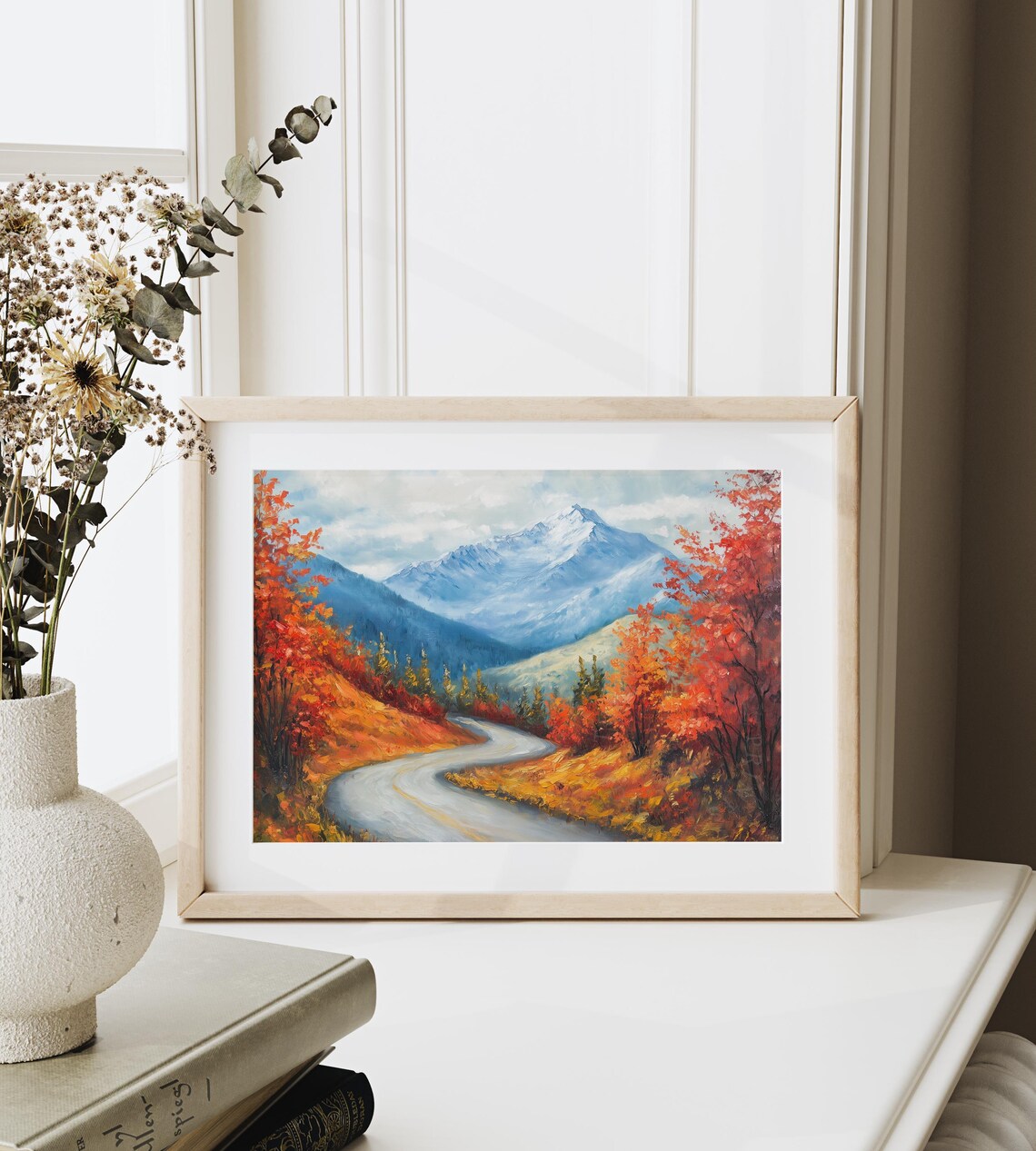 Winding Mountain Road Through Autumn Foliage Snowy Peak Poster - Image 6