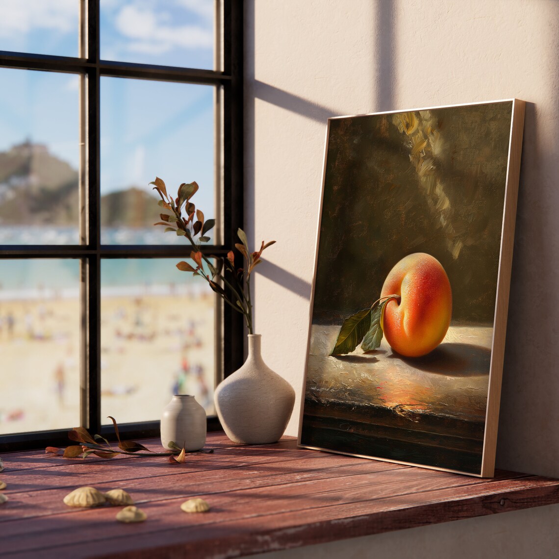 Ripe Peach Still Life Sunlit Table Warm Tones Classic Fruit Oil Painting Poster - Image 5