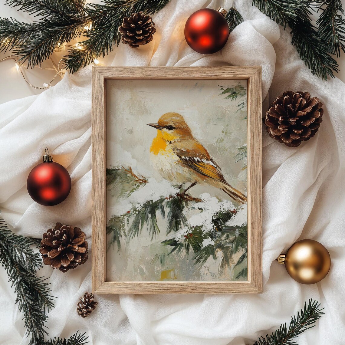 Golden Yellow Songbird on Snowy Pine Branch Winter Oil Style Poster - Image 4