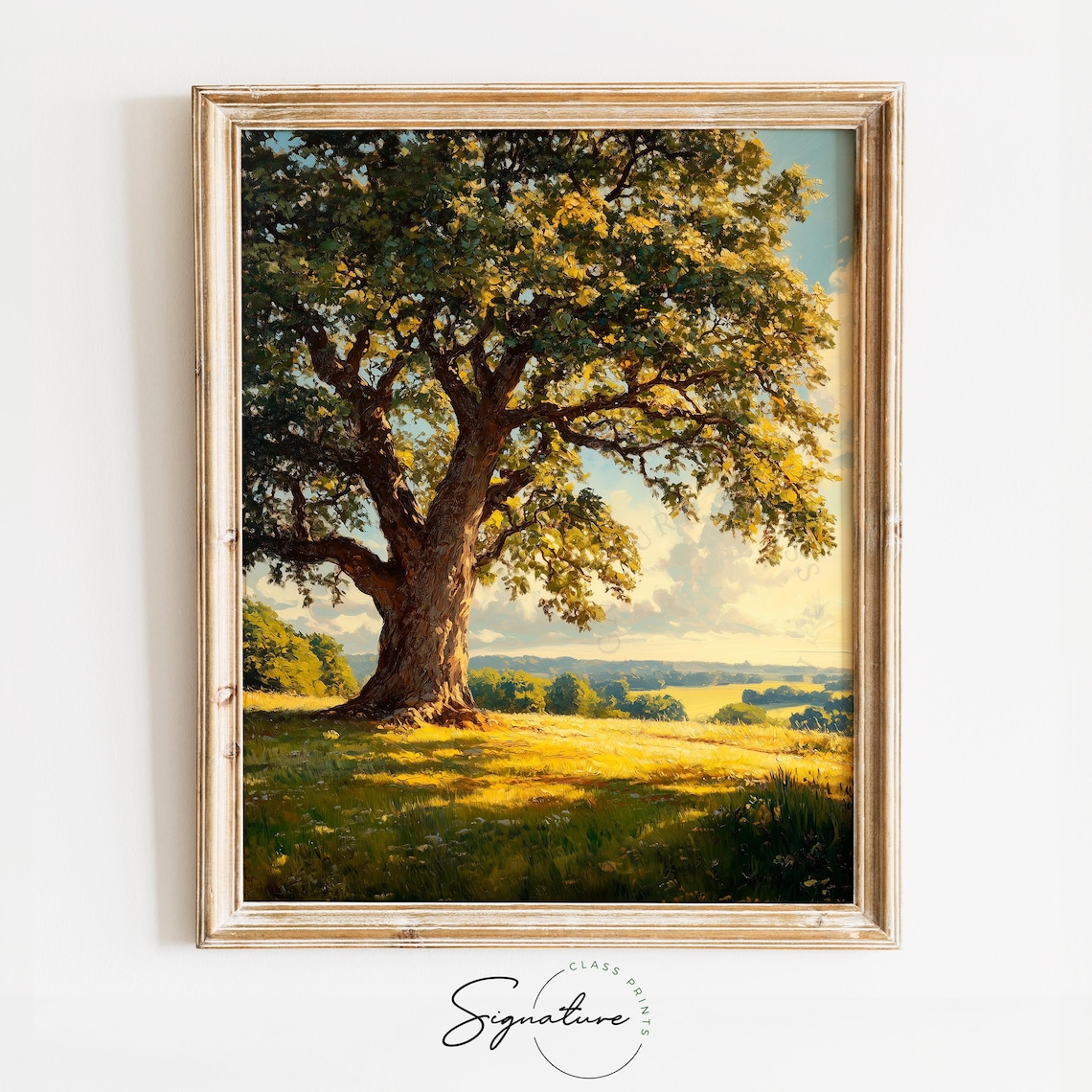 Grand Oak Tree In Golden Meadow Landscape Oil Painting Poster