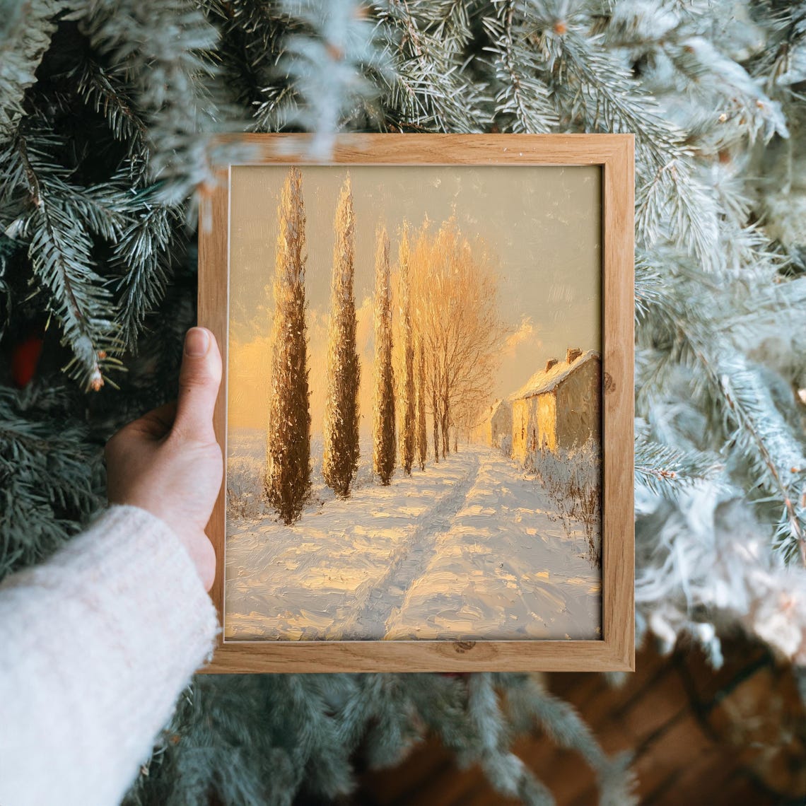 Golden Cypress Lined Snowy Path Winter Countryside Scene Poster - Image 6