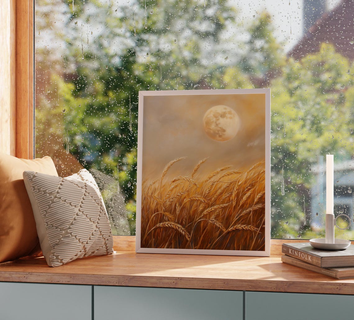 Golden Wheat Field Under Full Moon Autumn Harvest Night Poster - Image 2