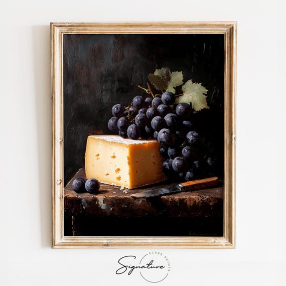 Dark Purple Grapes With Fine Cheese Rustic Kitchen Still Life Moody Vintage Art Cottagecore Dining Room Decor Wall Art 2089