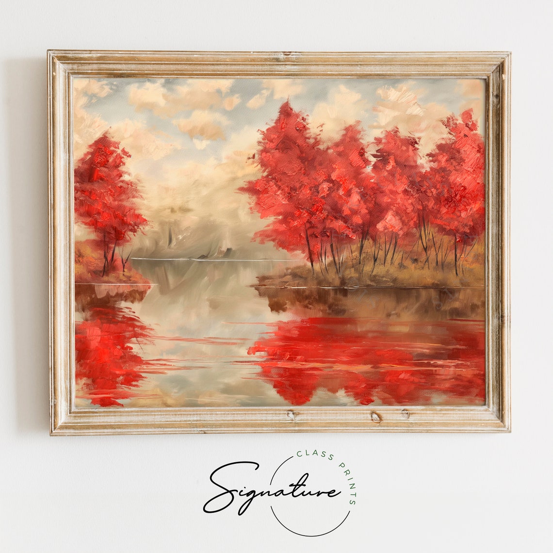 Scarlet Red Maple Trees Misty Lakeshore Tranquil Autumn Poster