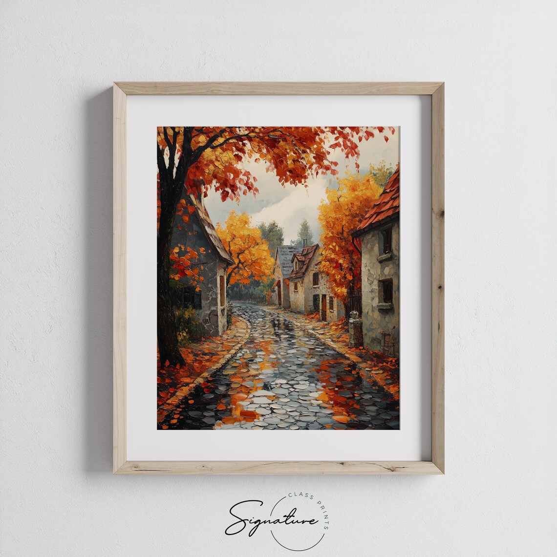 Autumn Cobblestone Street Rain Wet Village Scene Fall Decor Art Poster - Image 3
