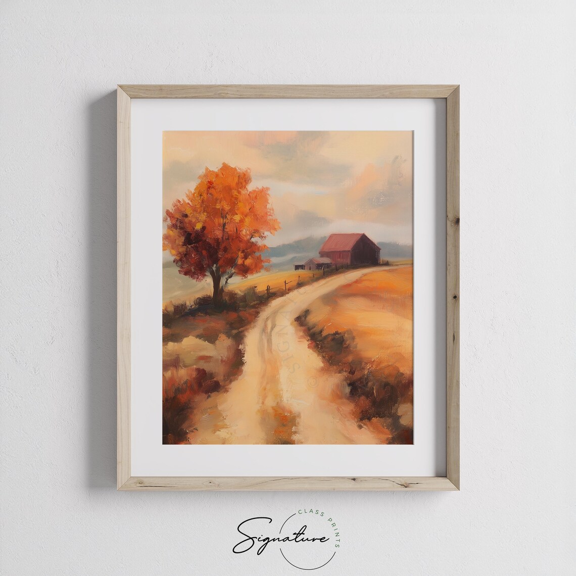 Autumn Country Road Red Tree Distant Barn Golden Hazy Light Poster - Image 3