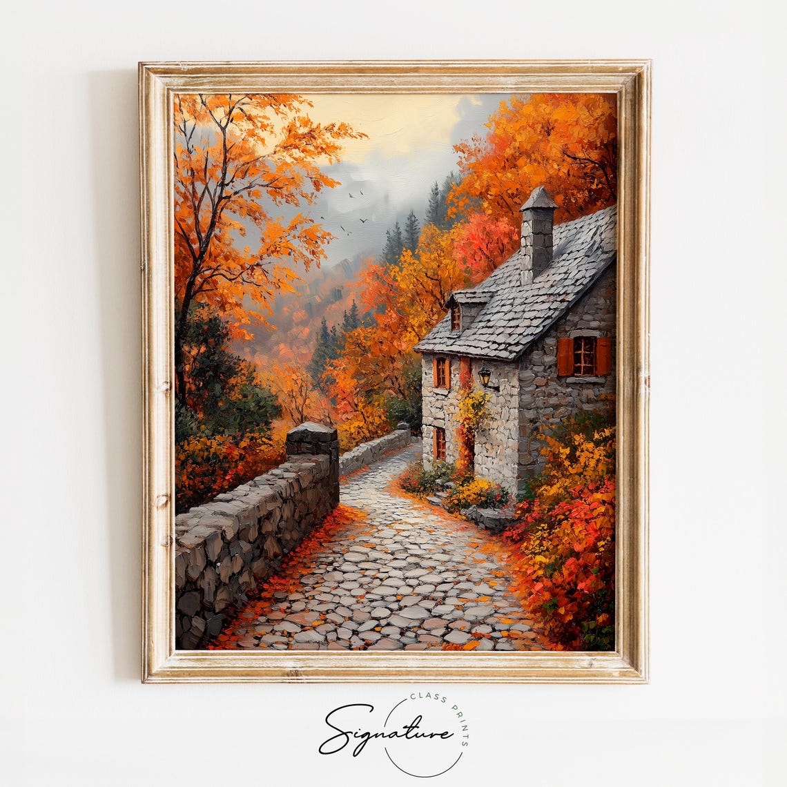 Stone Cottage Autumn Lane Cobblestone Misty Hills Slate Roof Poster