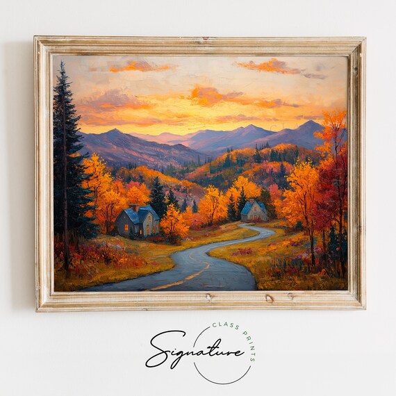 Autumn Mountain Road Sunset Cabins Oil Painting Landscape Poster
