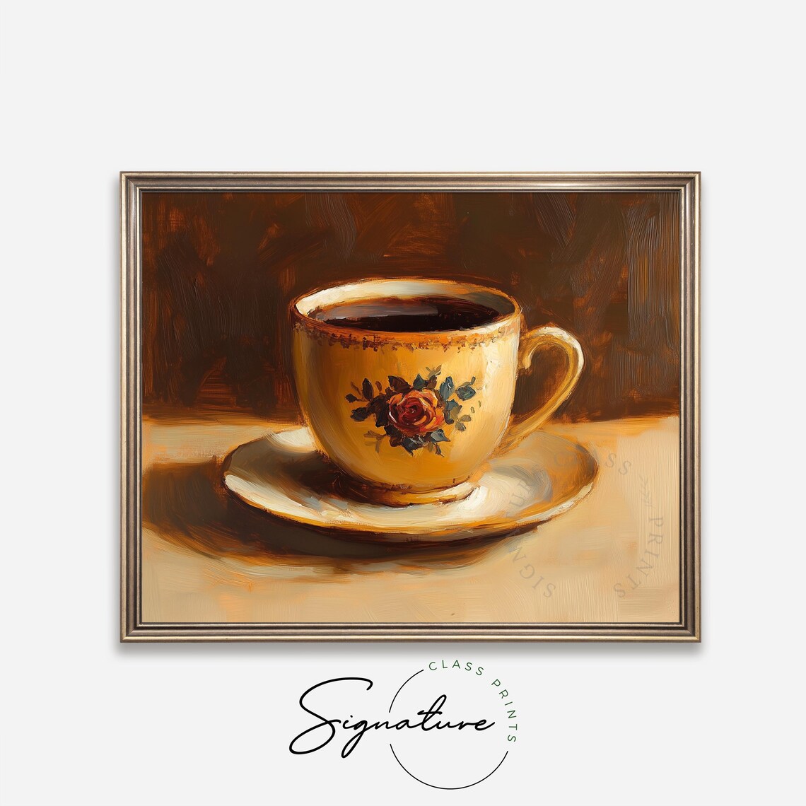 Vintage Floral Teacup Painting Cozy Golden Coffee Cup Rustic Wall Art - Image 2