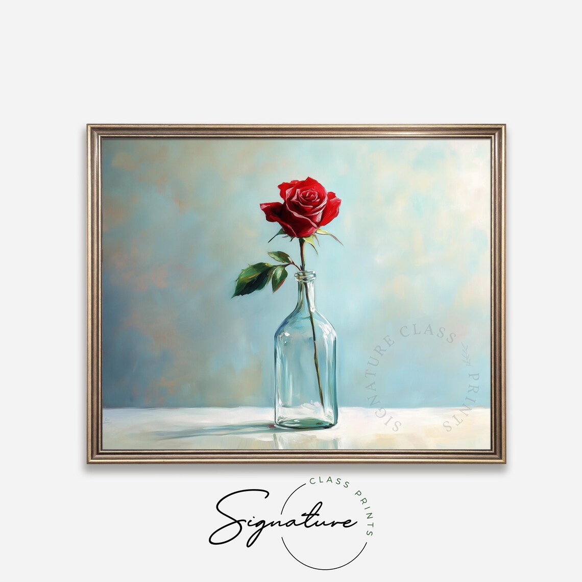 Single Red Rose In Glass Bottle Vintage Still Life Floral Wall Art - Image 2