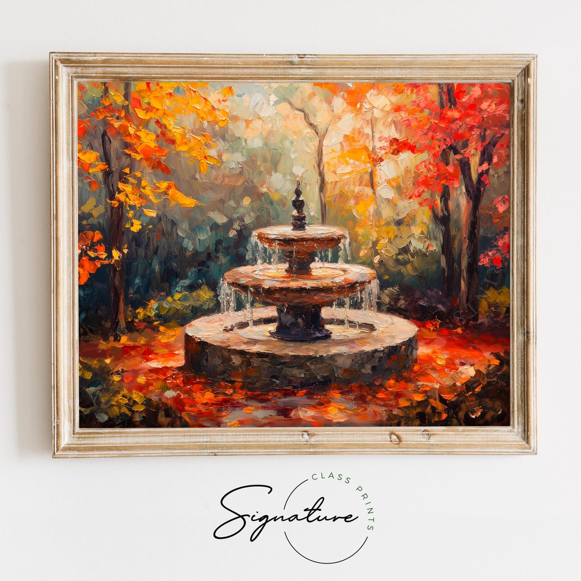 Autumn Garden Fountain Painting Fallen Leaves Rustic Fall Decor Poster