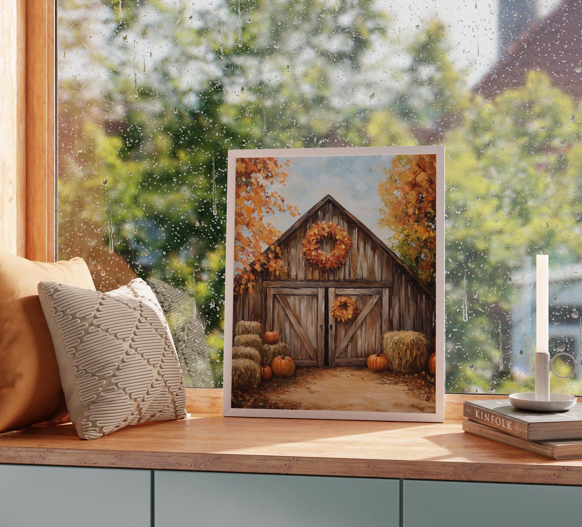 Rustic Barn Fall Wreath Pumpkins Hay Bales Farmhouse Art Poster - Image 2