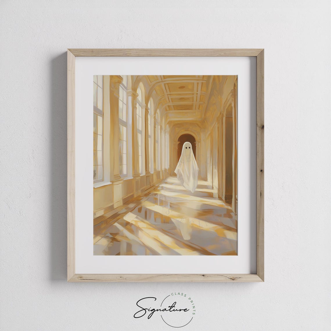 Lone Ghost in a Golden Arched Hallway with Sunlit Marble Floors Poster - Image 3