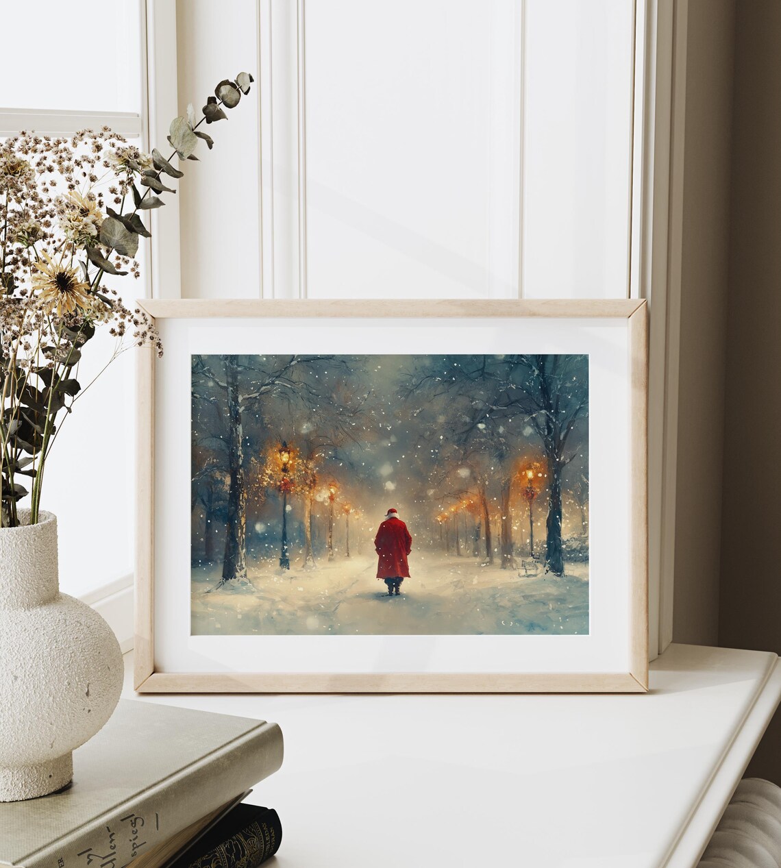Santa Claus Walking A Snowy Lamp Lit Park Path On Christmas Poster - Image 6