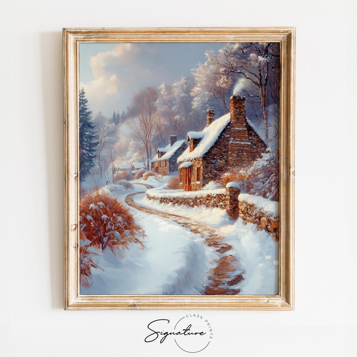 Snowy Stone Cottages Along a Winding Lane Golden Hour Poster
