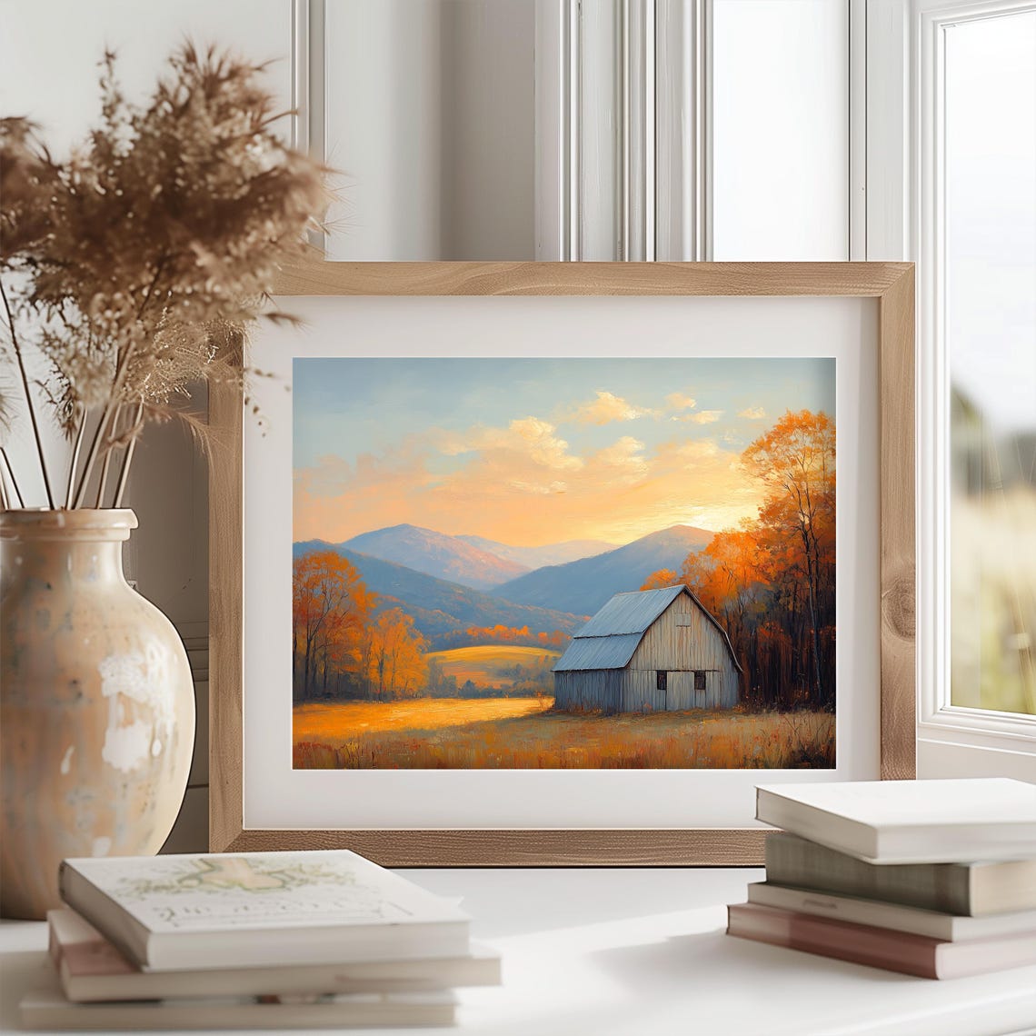 Gray Barn Golden Meadow Sunset Mountains Oil Painting Poster - Image 2