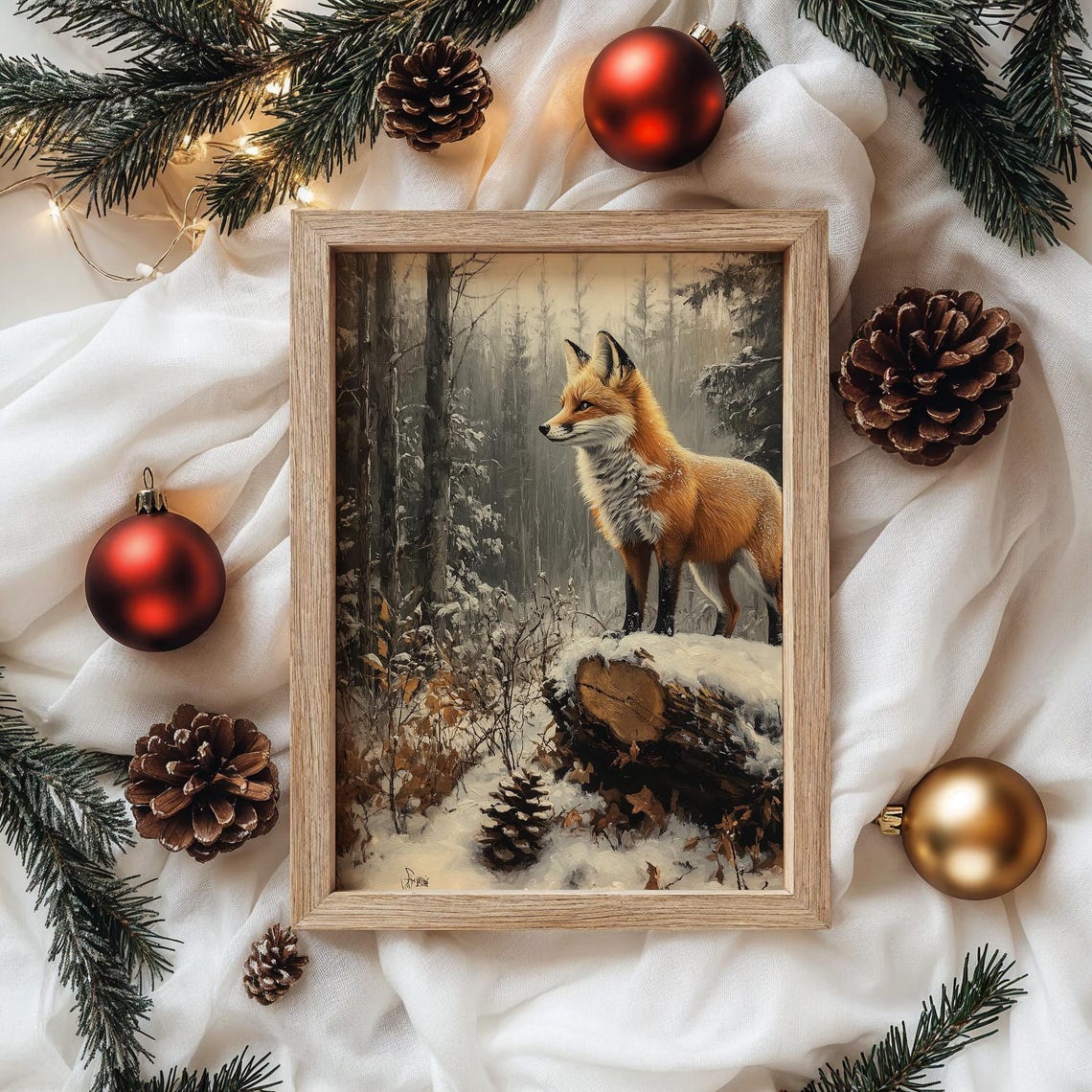 Red Fox On A Snow Covered Log In A Quiet Winter Forest Poster - Image 4