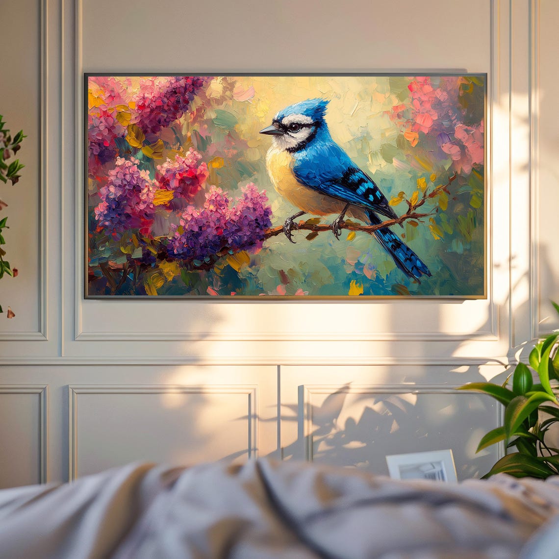 Blue Jay On Blooming Lilac Branch Impasto Floral Bird Poster - Image 4