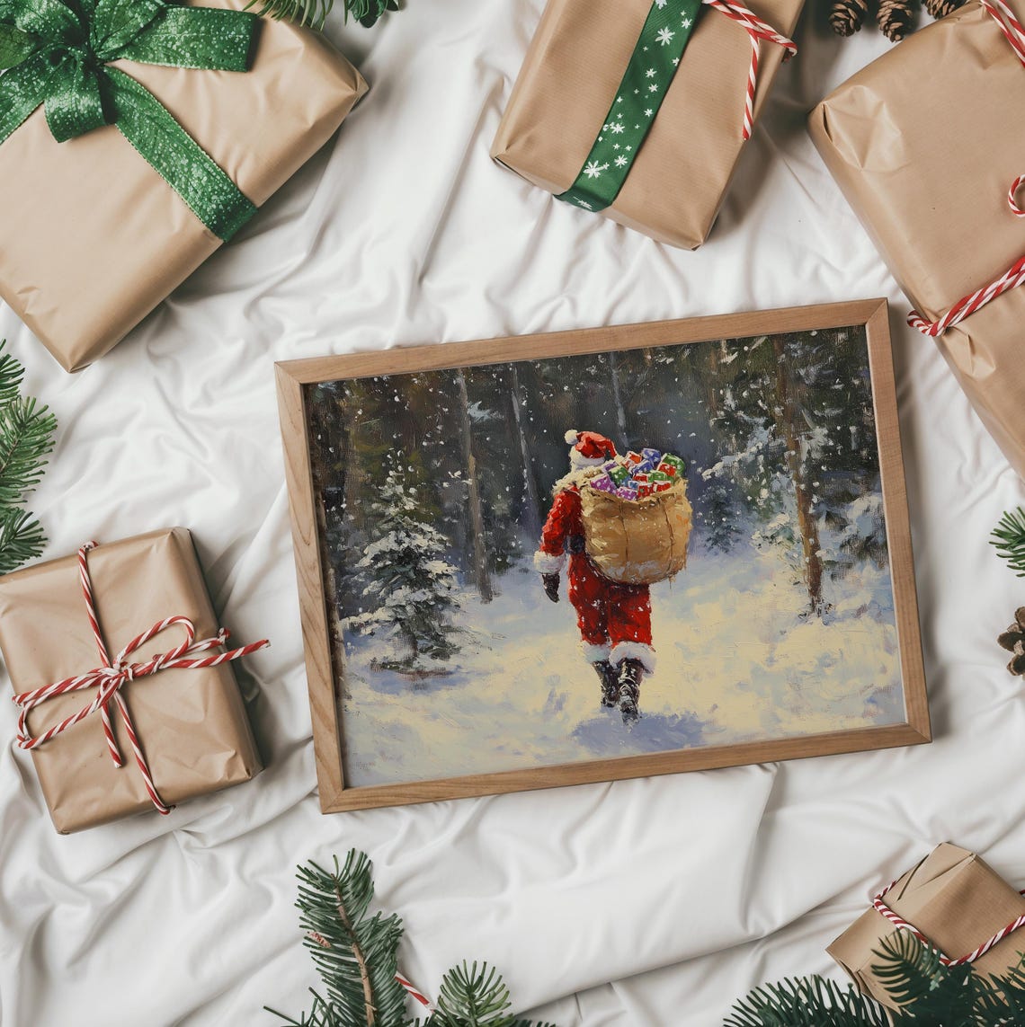 Santa Claus Carrying A Gift Sack Through The Snowy Forest Poster - Image 2