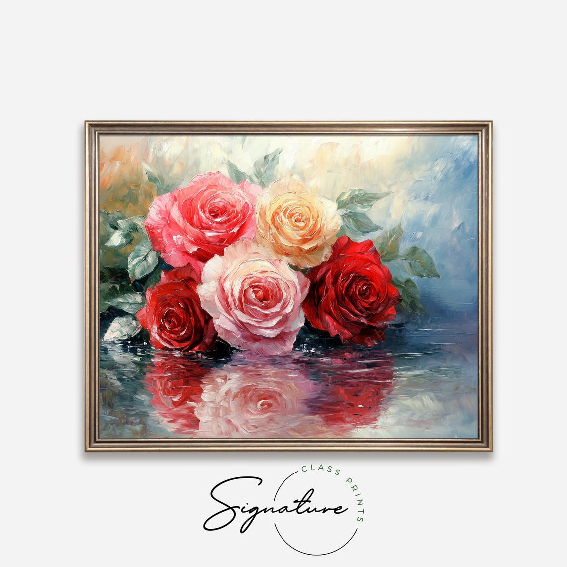 Red Pink Roses Reflection Painting Romantic Floral Wall Art Poster - Image 2