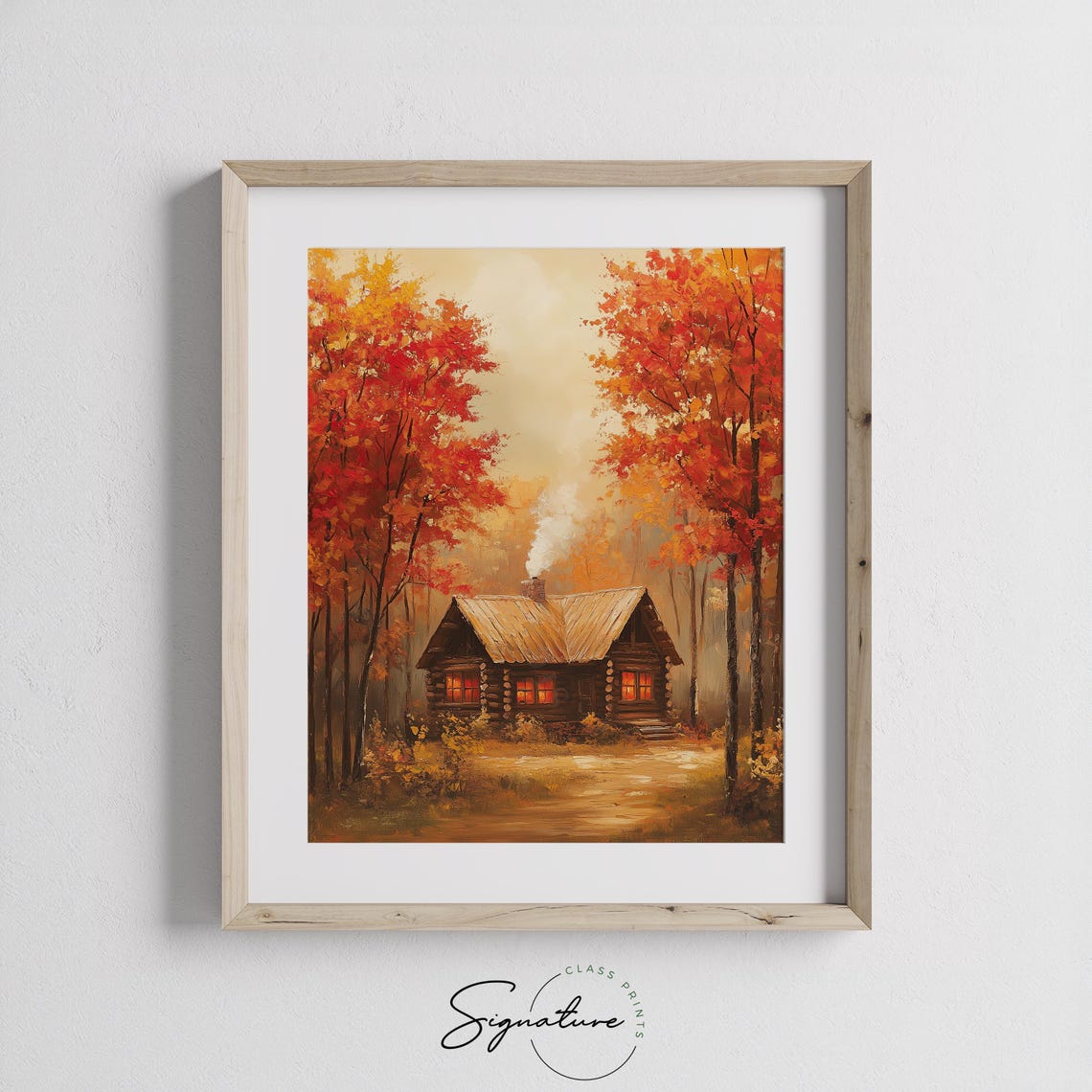 Log Cabin Red Autumn Forest Glowing Windows Fall Woods Poster - Image 3