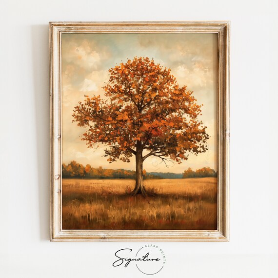 Lone Autumn Oak Tree with Orange Leaves in Golden Field Poster