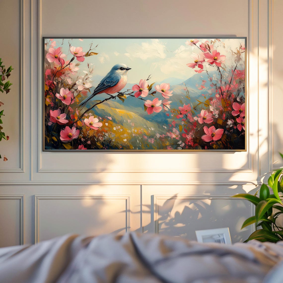 Bluebird On Pink Cherry Blossom Branch Above Golden Hills Poster - Image 4