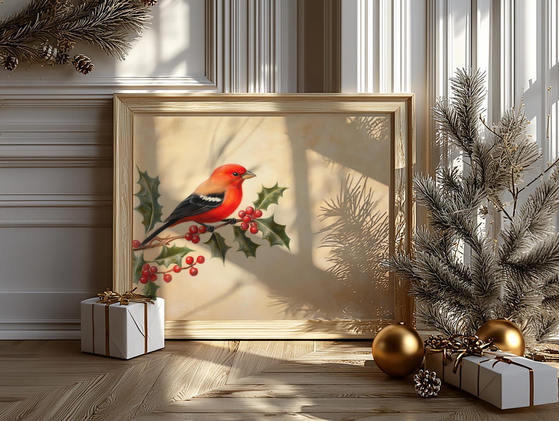 Scarlet Tanager on Holly Branch with Red Berries Bird Art Poster - Image 6