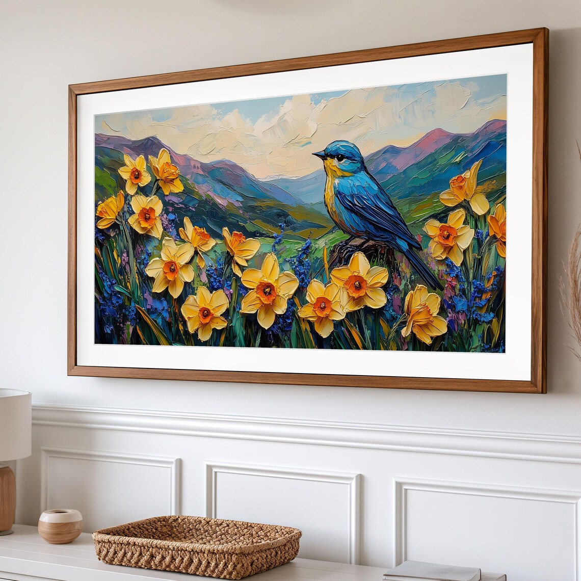 Bluebird Among Yellow Daffodils In Mountain Valley Art Poster - Image 2