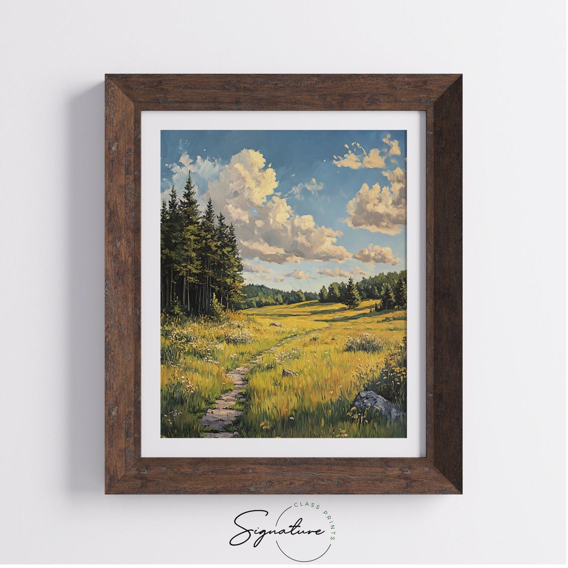 Golden Meadow Pine Forest Path Under Summer Sky Landscape Poster - Image 3