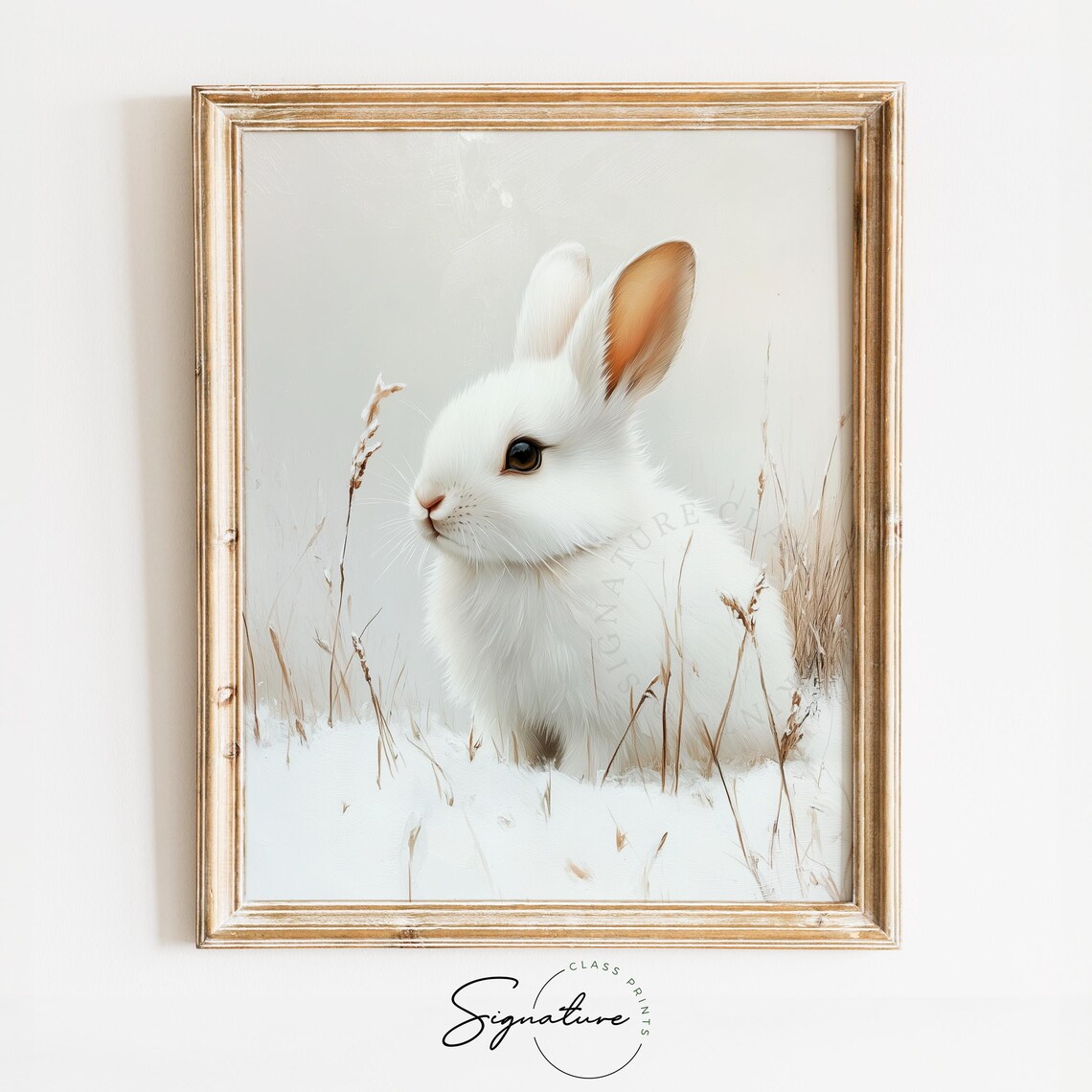 White Rabbit In Snowy Meadow With Winter Grasses Animal Art Poster