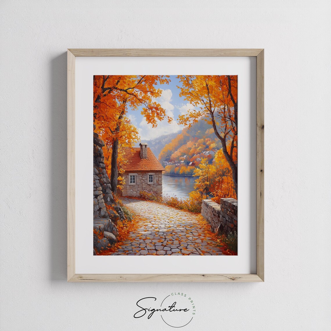 Stone Cottage By The River At The End Of A Golden Cobblestone Lane Poster - Image 3