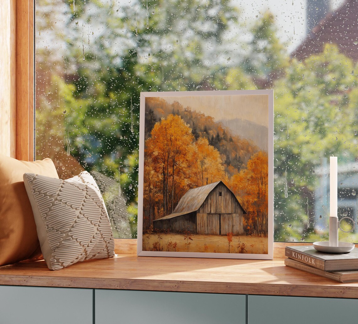 Weathered Wooden Barn Beneath Golden Autumn Trees and Hills Poster - Image 2