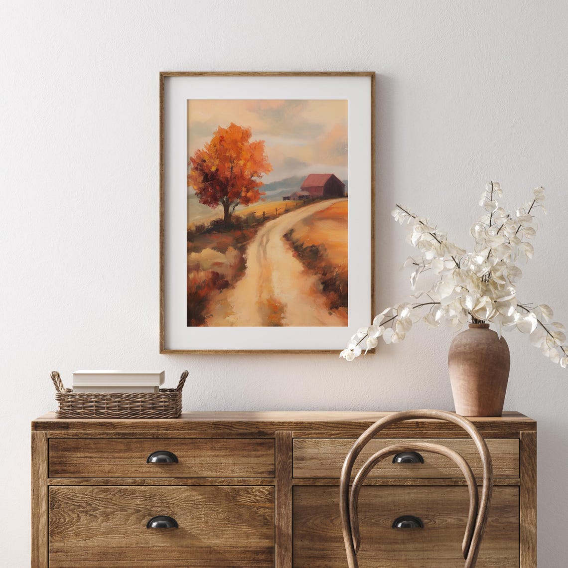Autumn Country Road Red Tree Distant Barn Golden Hazy Light Poster - Image 5