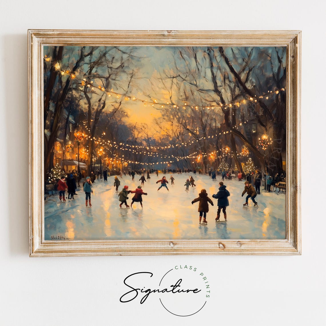 Winter Ice Skating at Dusk Under Twinkling String Lights Poster