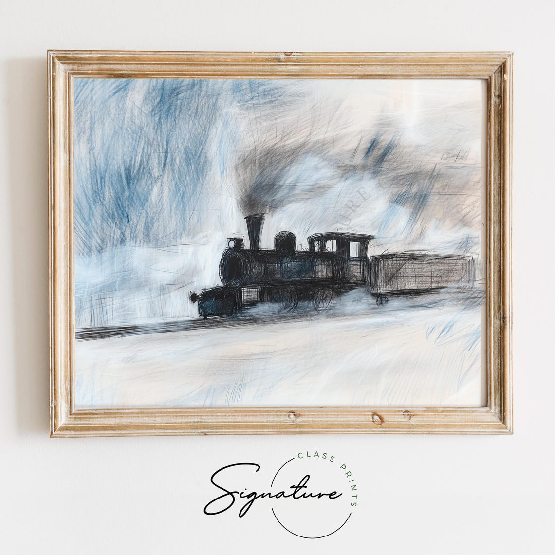 Steam Locomotive Crossing Snowy Landscape In Sketch Style Poster