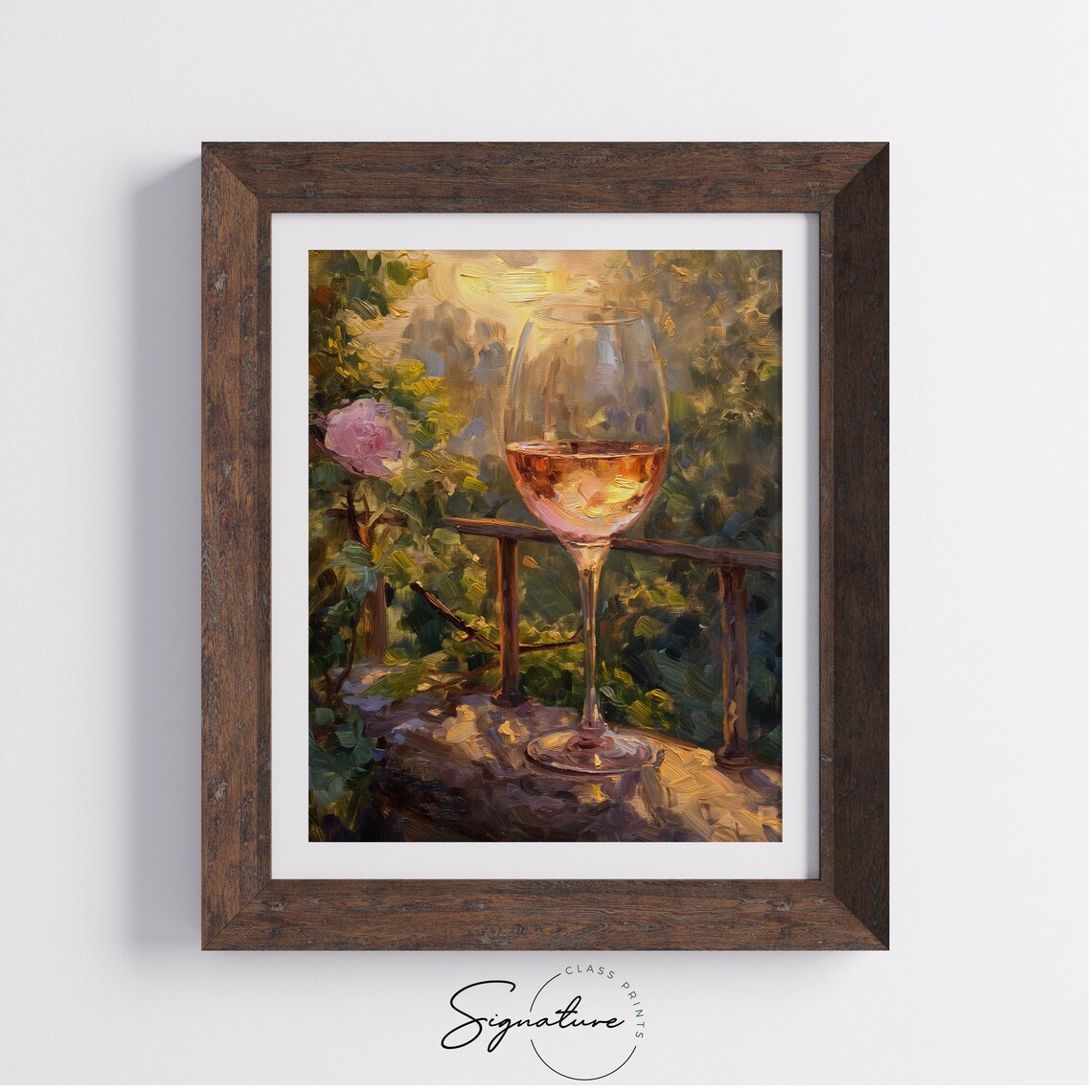 Rose Wine Glass Garden Roses Golden Sunset Balcony Stone Wall Oil Poster - Image 4