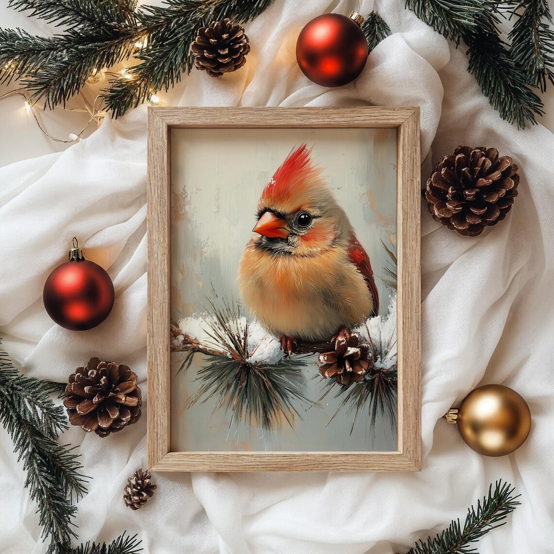 Female Cardinal Snowy Pine Branch Pinecone Winter Bird Painting Poster - Image 4
