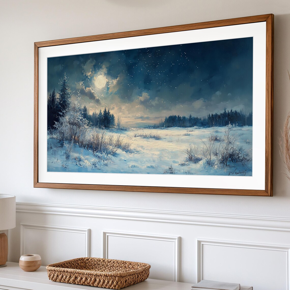 Moonlit Starry Night Over Snowy Pine Forest Field Winter Painting Poster - Image 2
