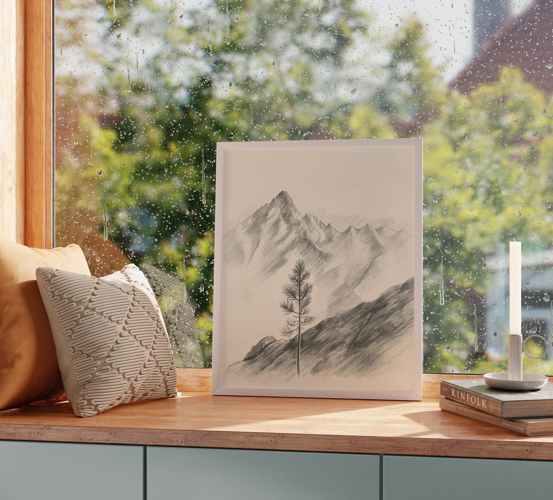 Lone Pine Tree Before High Mountain Peaks Serene Sketch Art Poster - Image 2